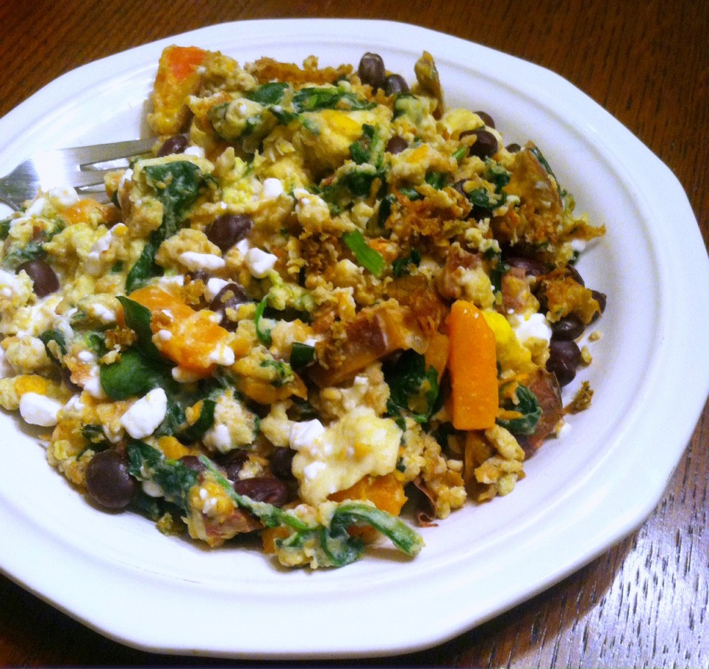 egg scramble with spinach, tomato, black bean, cottage cheese, and onion