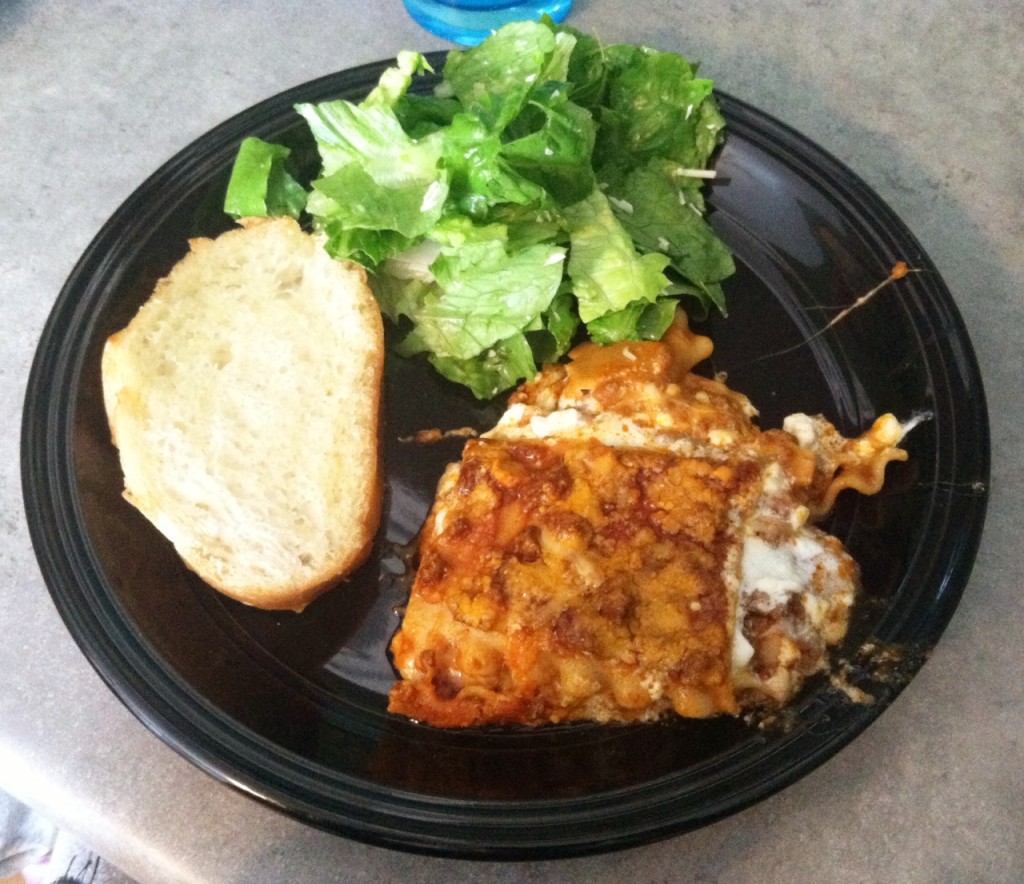 lasagna, salad, and bread