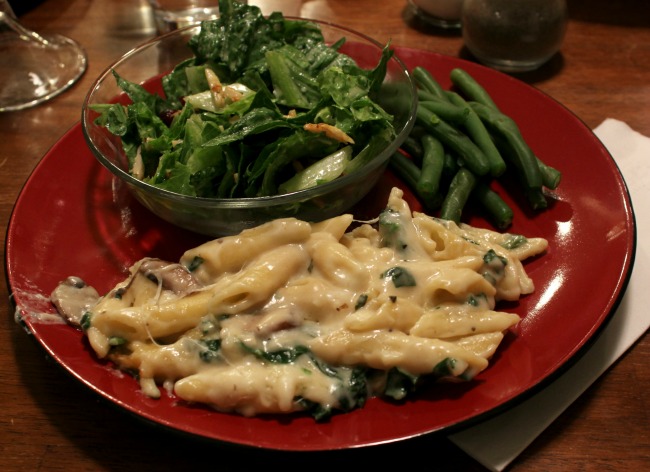 pasta, salad, and green beans