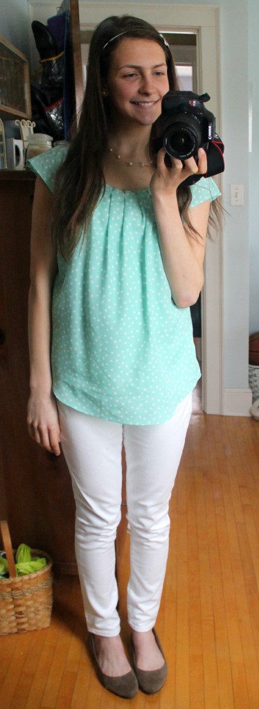 blue and white polka dot shirt with white jeans