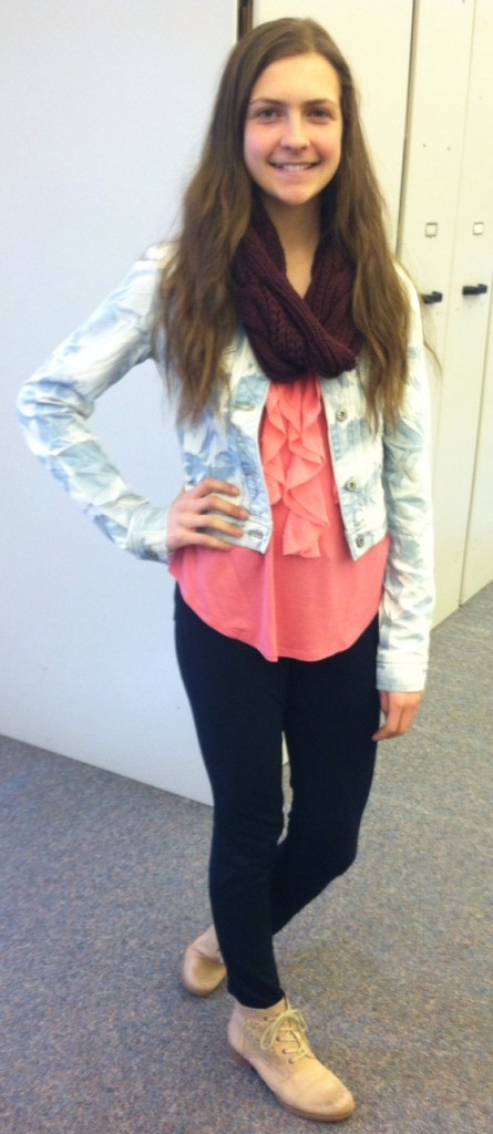 jean jacket with infinity scarf and pink tank