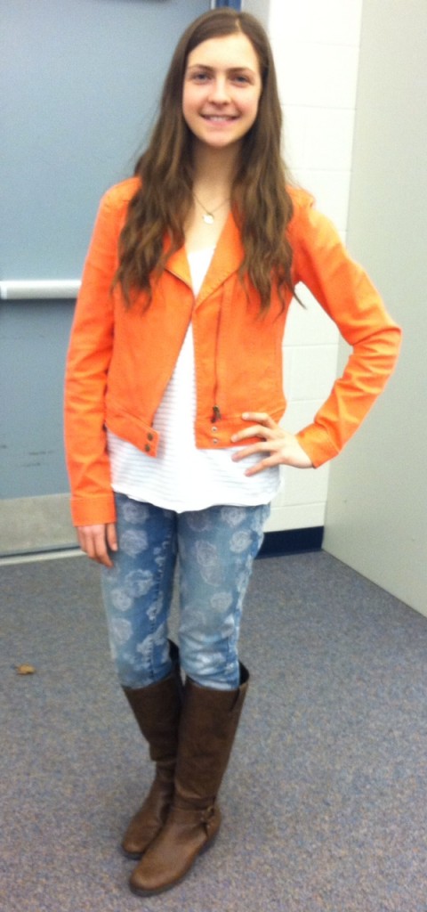 peach jean jacket with patterned jeans