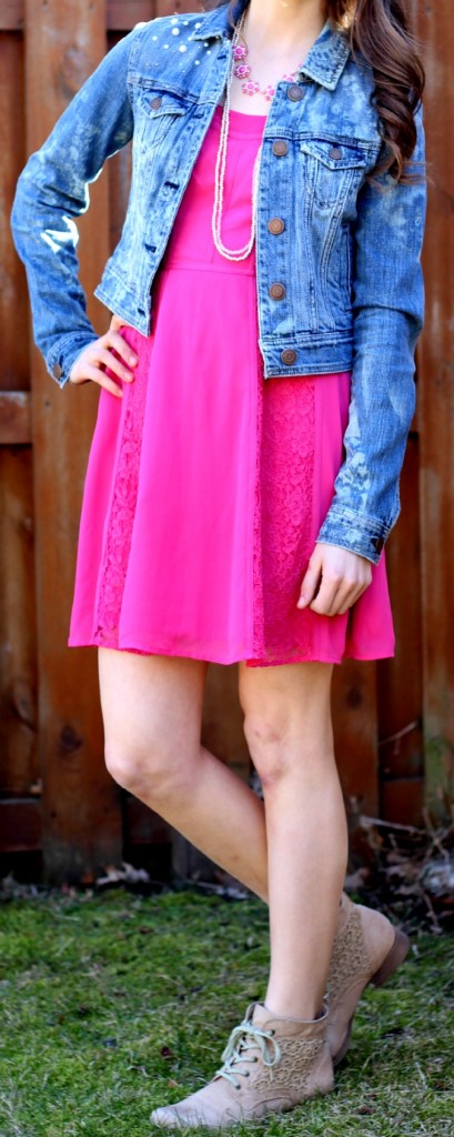 pink dress and jean jacket