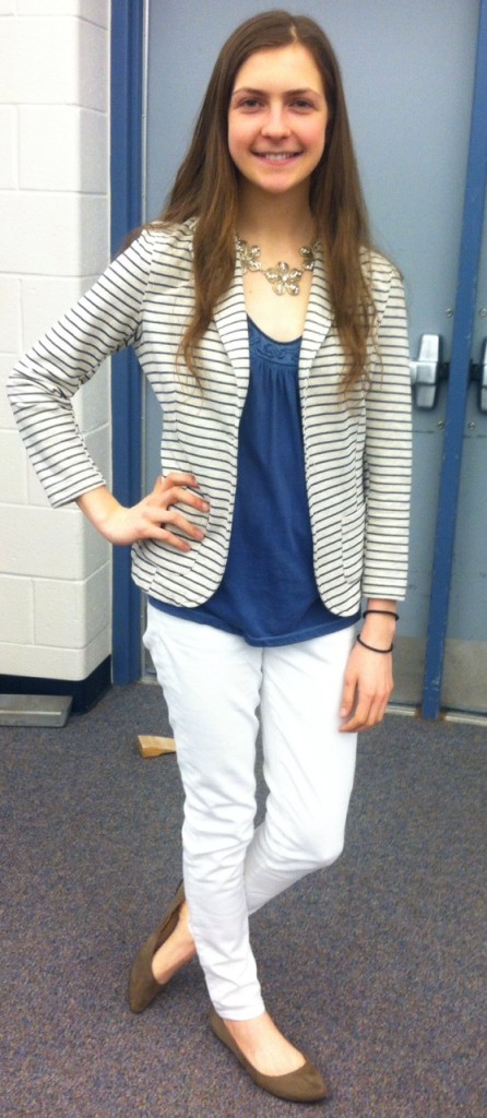 striped blazer with white pants