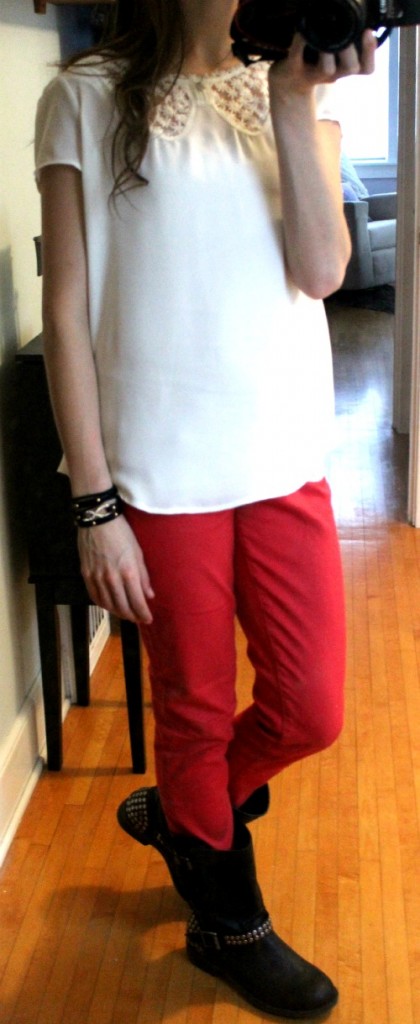 white shirt red pants black boots
