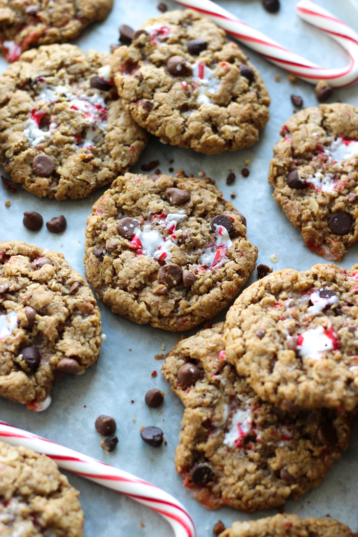 Peanut Butter Oatmeal Monster Cookies with Crushed Candy Canes! The best part? No flour!