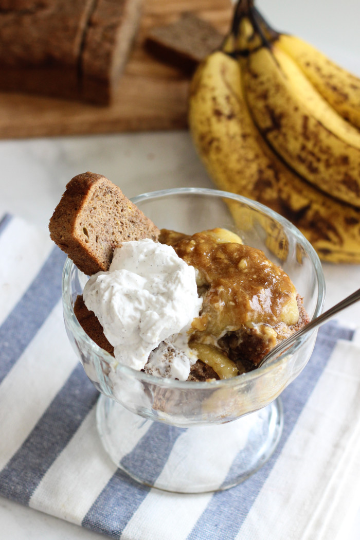 Healthy Bananas Foster Bread Pudding without all the butter and eggs with coconut oil caramelized bananas and coconut cream!