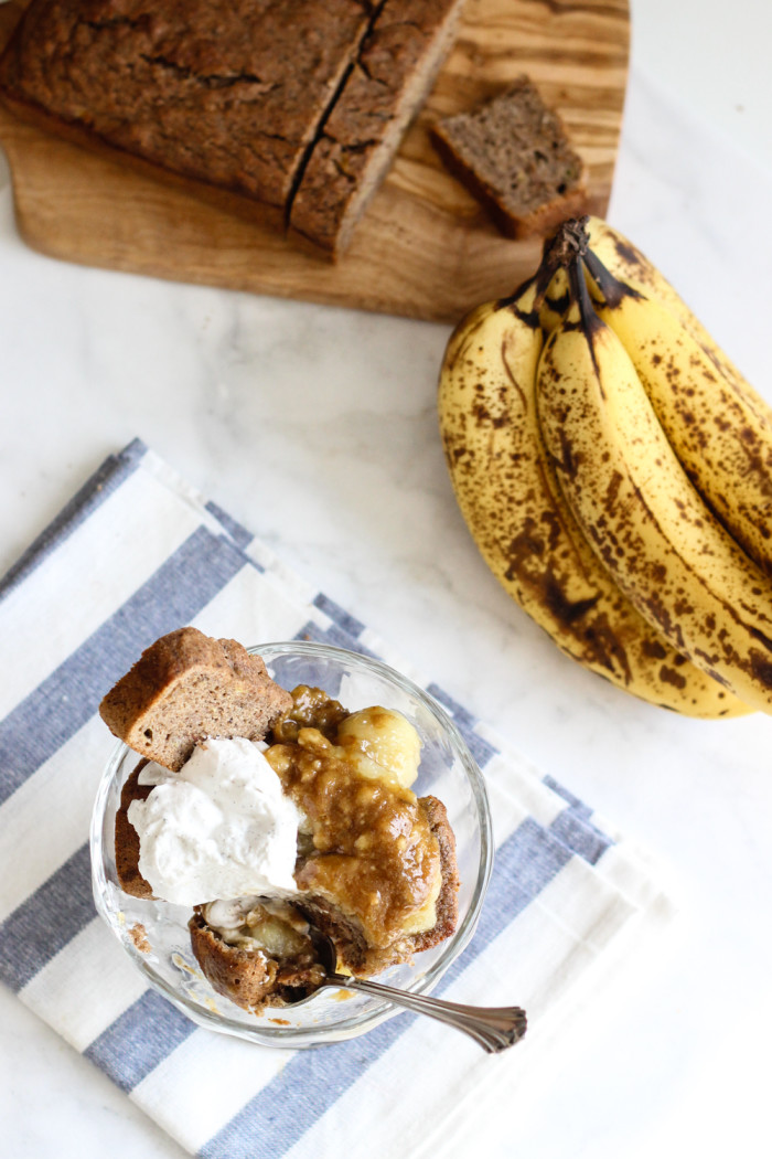Healthy Bananas Foster Bread Pudding without all the butter and eggs with coconut oil caramelized bananas and coconut cream!